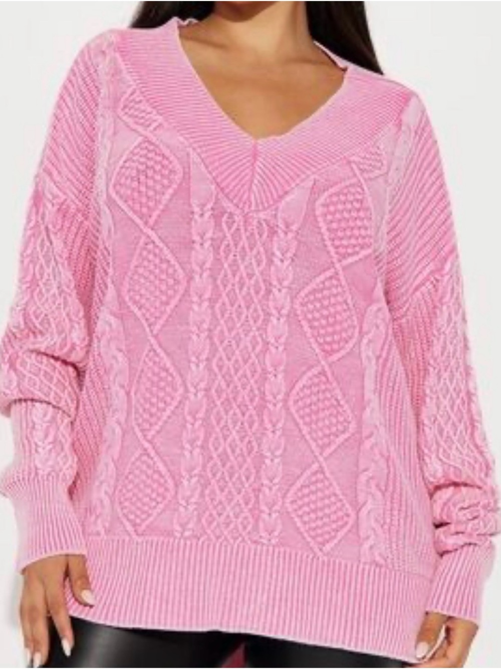 Aerie Acid Wash Cotton Cable Knit V-Neck Sweater